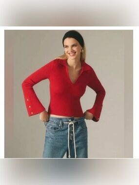 Anthropologie Maeve Red Ribbed V-Neck Top
